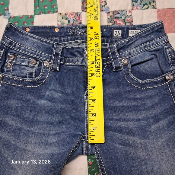 Miss Me Mid Rise Boot Cut Blue Jeans Size 25 Fleur De Lis Studded Embroidered - Picture 9 of 13